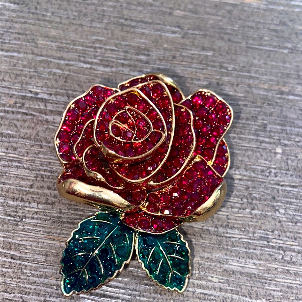 Vintage 80s Gold Toned & Red Rose Rhinestoned Broach